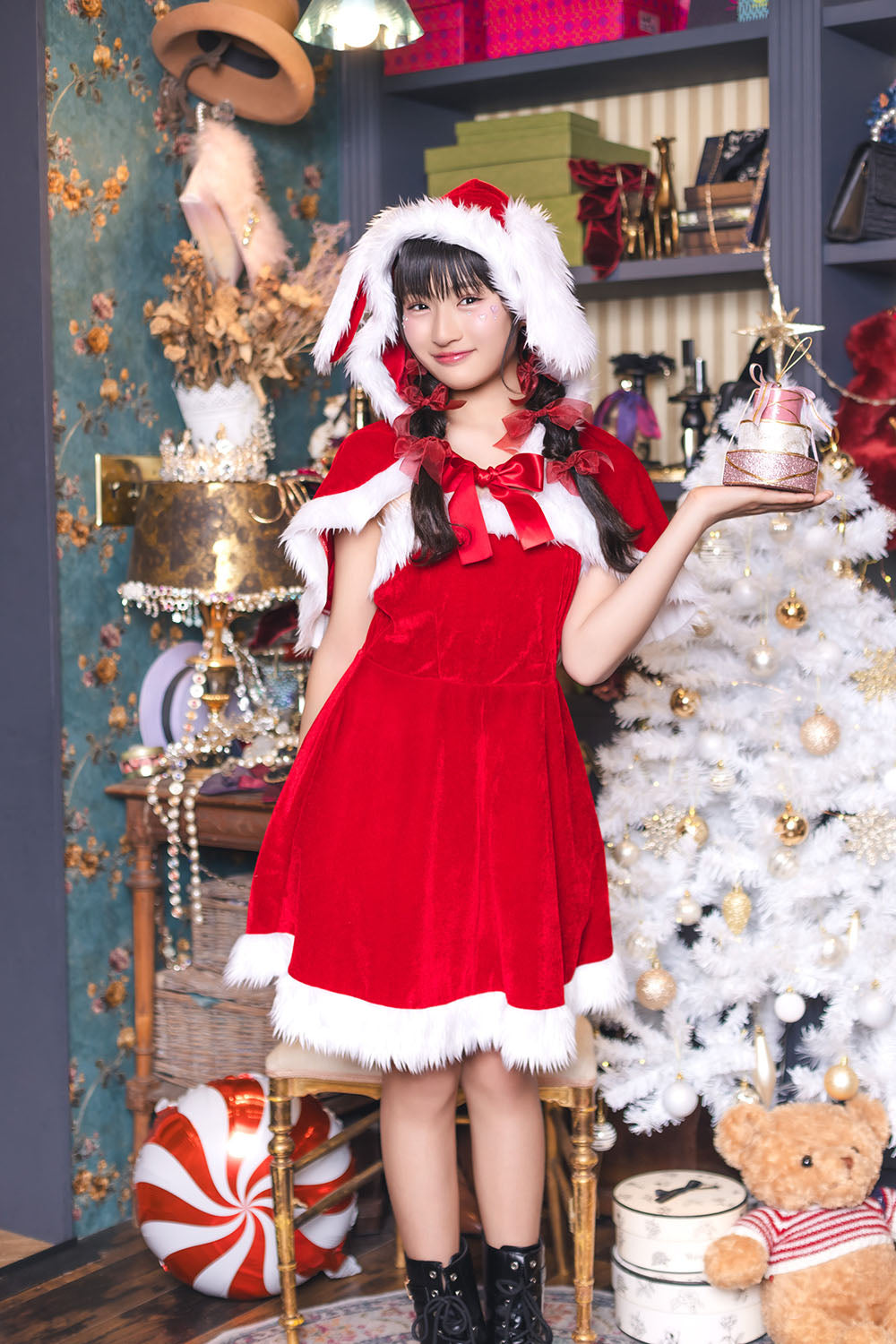 コスプレ ジュニア こども クリスマス メリープラムフェアリー うさぎケープサンタ 150cm 女の子 レッド 【クリアストーン】