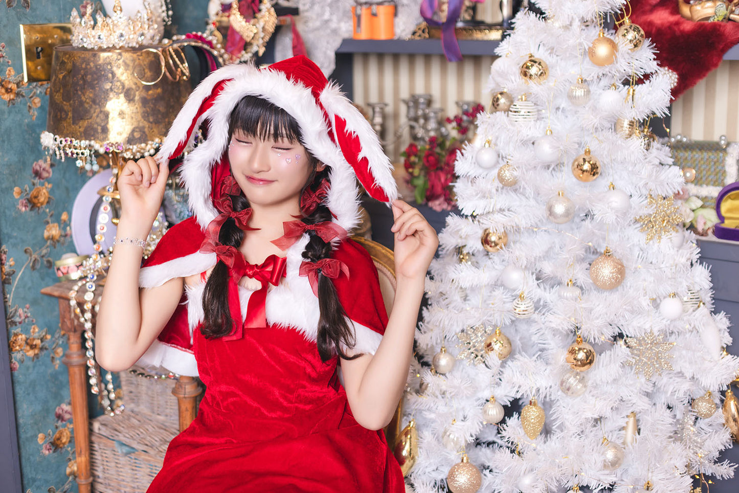 コスプレ ジュニア こども クリスマス メリープラムフェアリー うさぎケープサンタ 150cm 女の子 レッド 【クリアストーン】