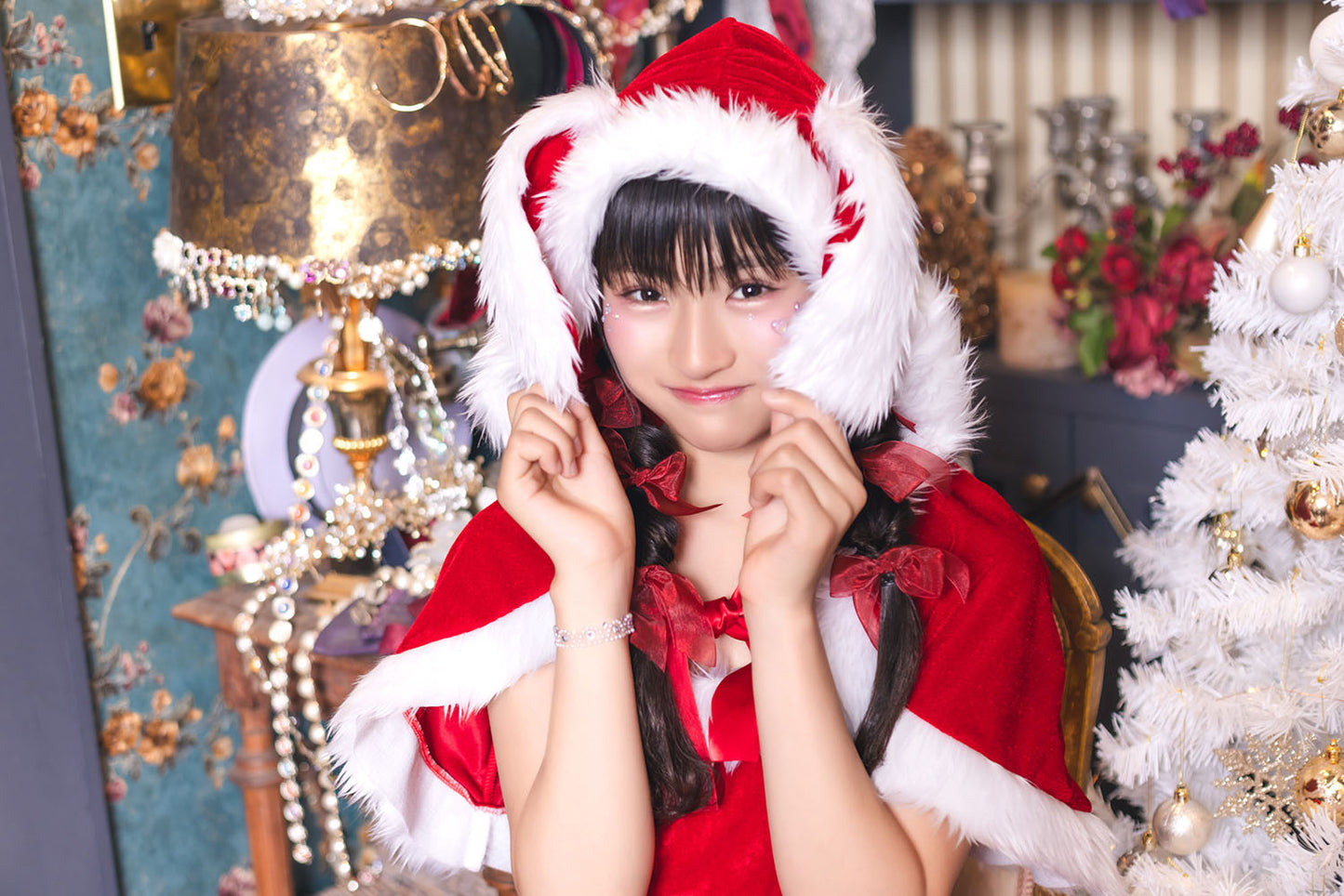 コスプレ ジュニア こども クリスマス メリープラムフェアリー うさぎケープサンタ 150cm 女の子 レッド 【クリアストーン】