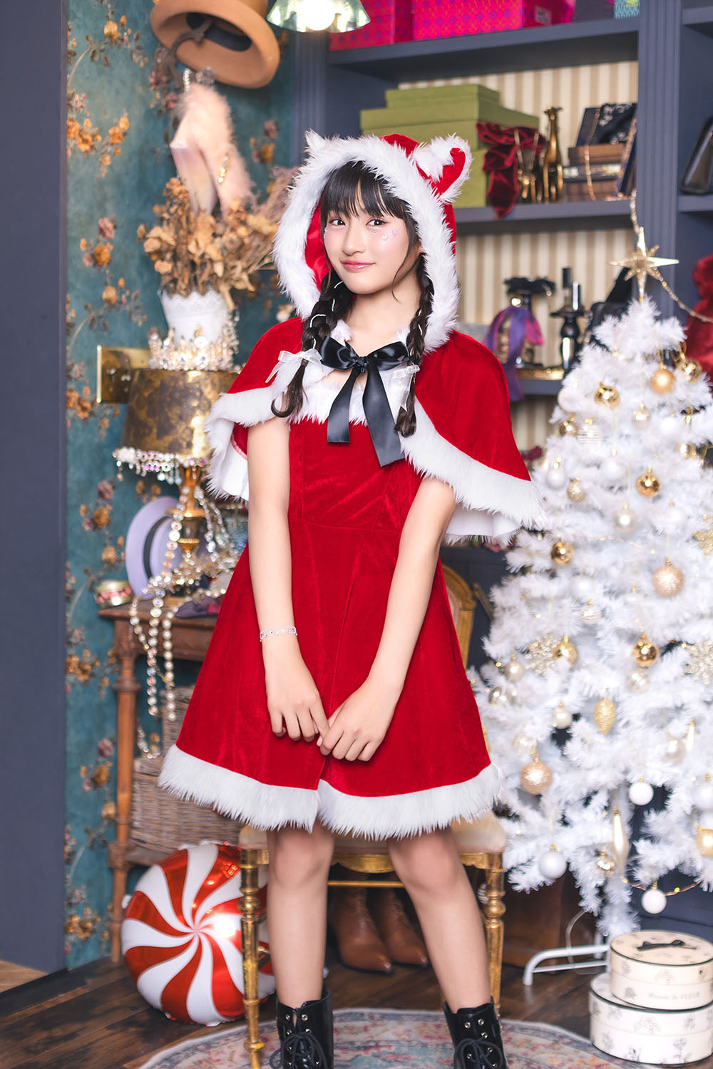 コスプレ ジュニア こども クリスマス メリープラムフェアリー ねこケープサンタ 150cm 女の子 レッド/ブラック 【クリアストーン】