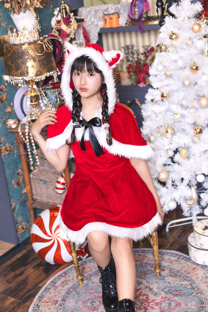 コスプレ ジュニア こども クリスマス メリープラムフェアリー ねこケープサンタ 150cm 女の子 レッド/ブラック 【クリアストーン】