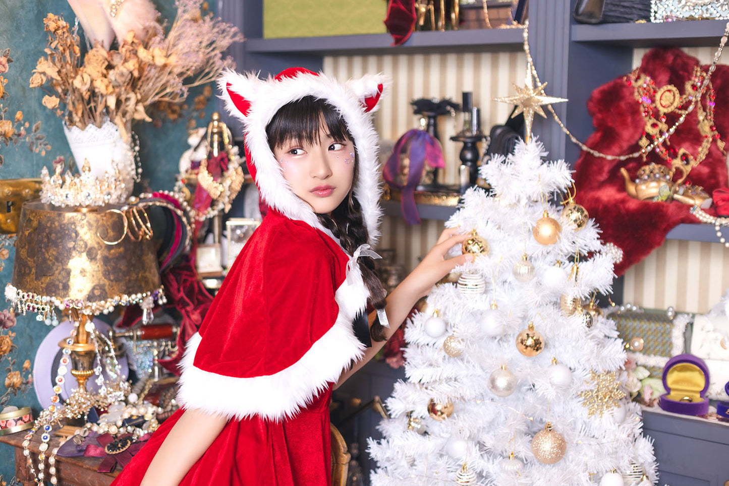 コスプレ ジュニア こども クリスマス メリープラムフェアリー ねこケープサンタ 150cm 女の子 レッド/ブラック 【クリアストーン】