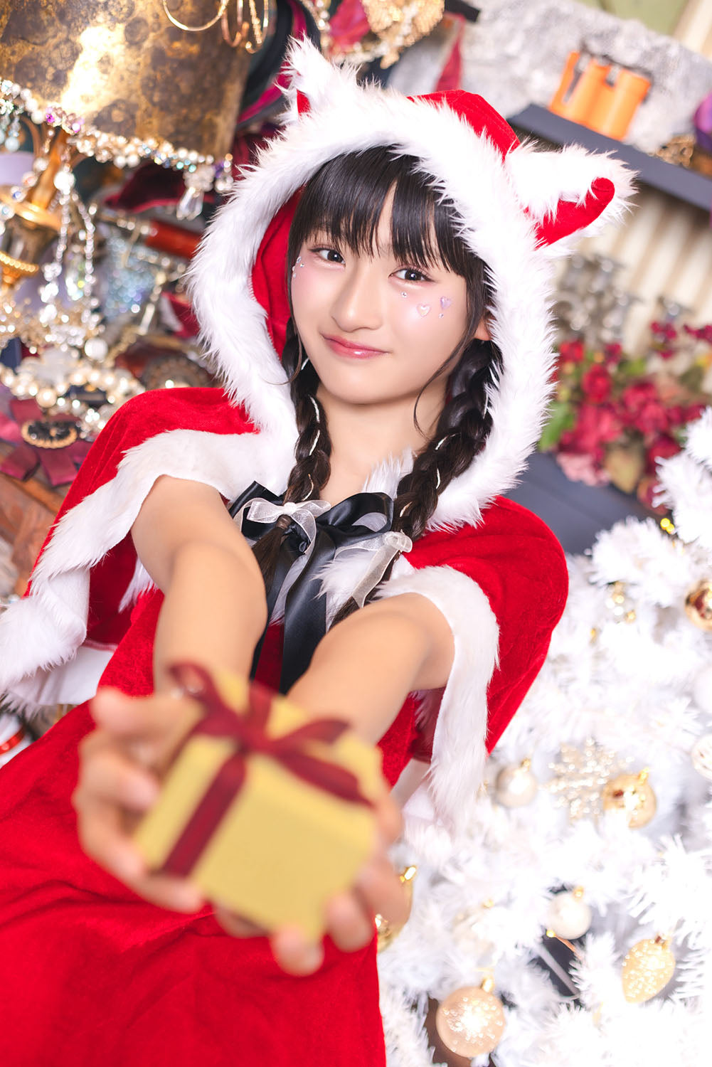 コスプレ ジュニア こども クリスマス メリープラムフェアリー ねこケープサンタ 150cm 女の子 レッド/ブラック 【クリアストーン】