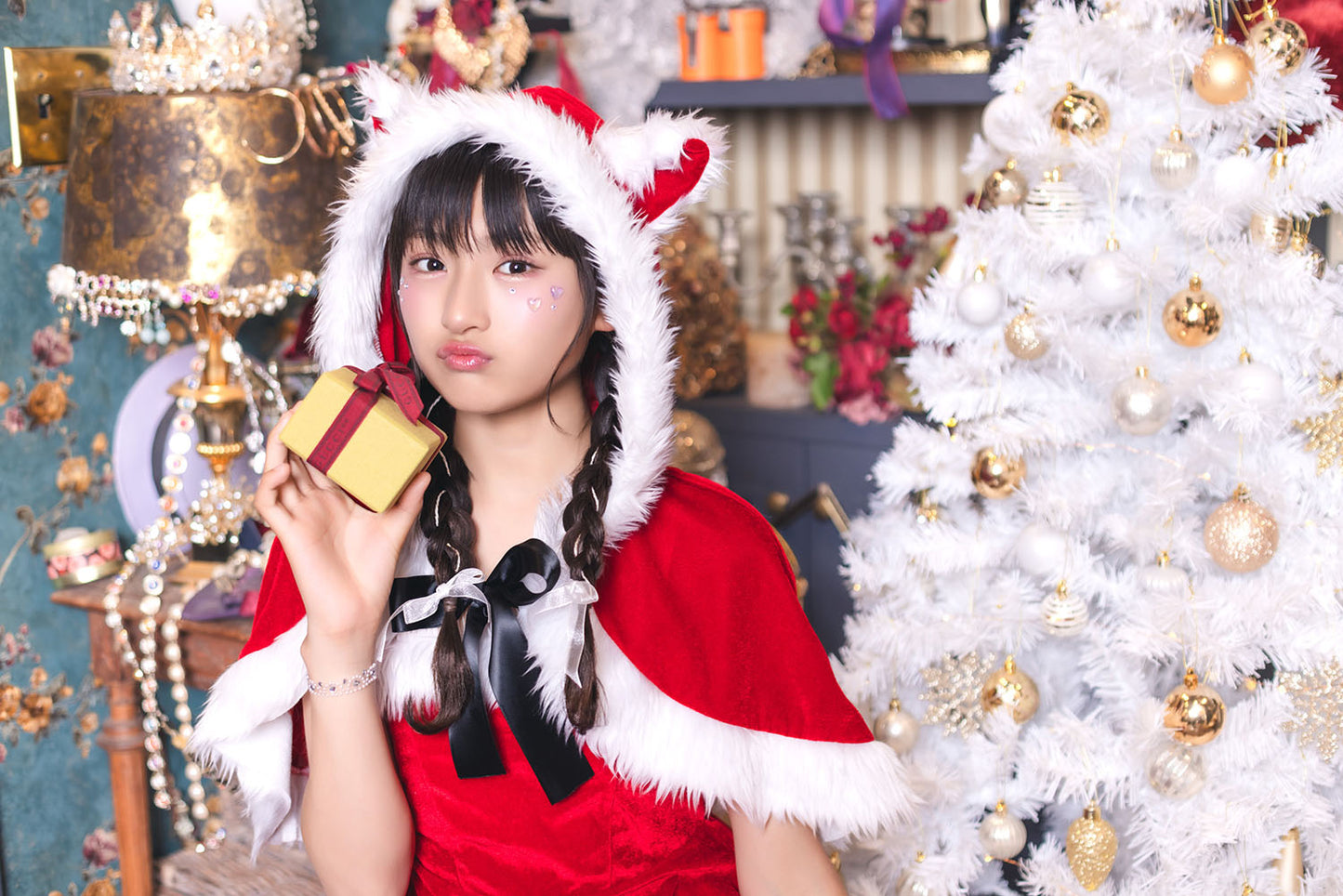 コスプレ ジュニア こども クリスマス メリープラムフェアリー ねこケープサンタ 150cm 女の子 レッド/ブラック 【クリアストーン】