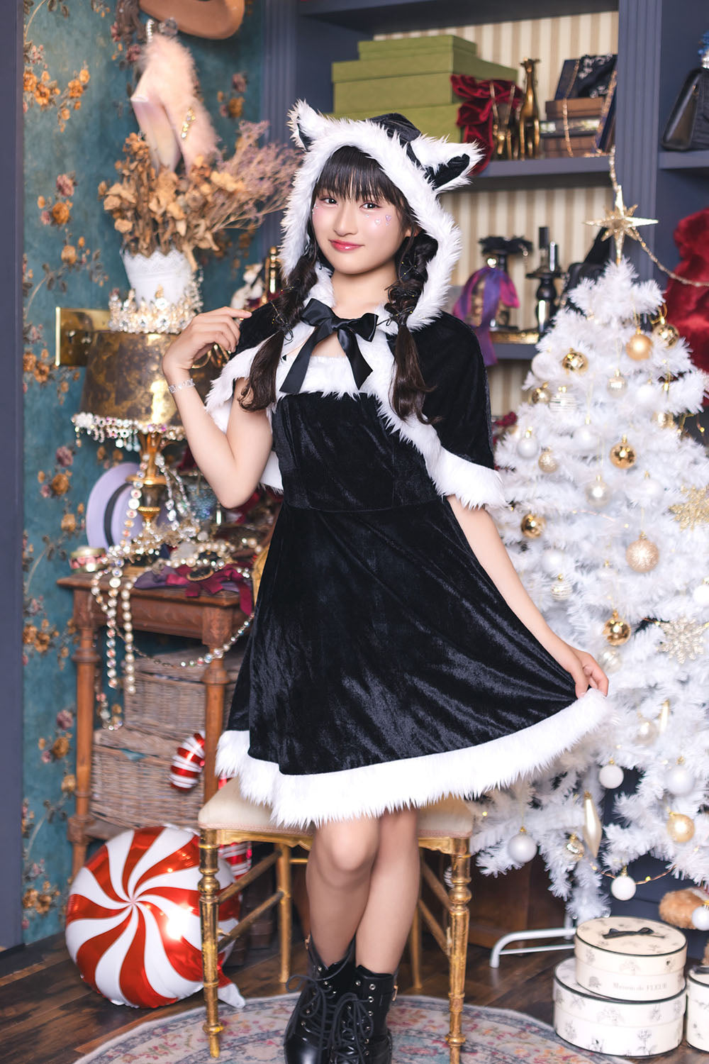 コスプレ ジュニア こども クリスマス メリープラムフェアリー ねこケープサンタ 150cm 女の子 レッド/ブラック 【クリアストーン】