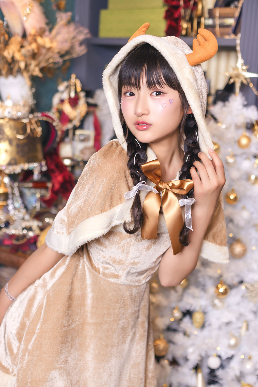 コスプレ ジュニア こども クリスマス メリープラムフェアリー リボンケープトナカイ 150cm 女の子 ベージュ【クリアストーン】