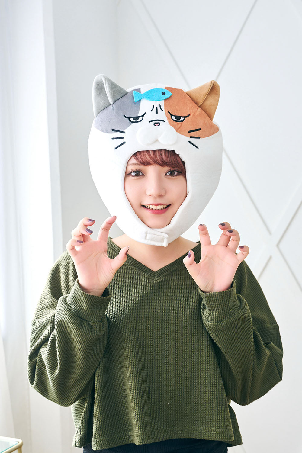 [New] コスプレ小物 かぶりもの 被り物 ねこ かぶりもん 三毛猫かぶりもの ユニセックス フリーサイズ ホワイト【クリアストーン】