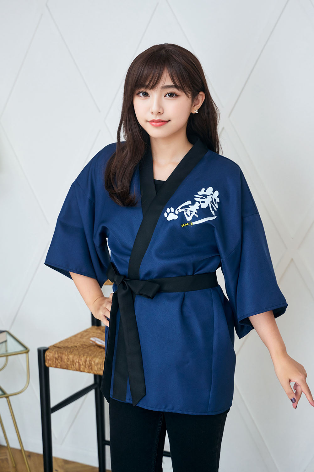 [New] コスプレ はっぴ  柴侍/柴舞妓 ユニセックス フリーサイズ ネイビー/レッド【クリアストーン】