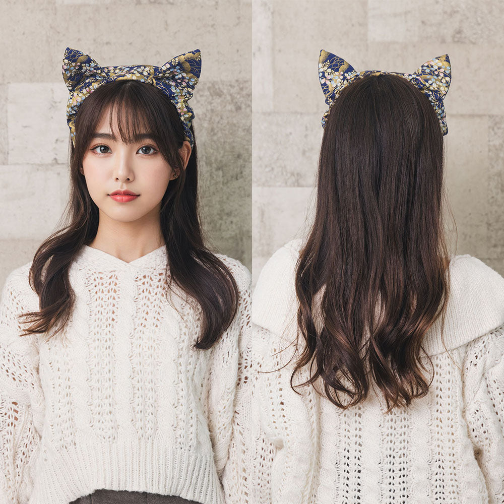 [New] コスプレ小物 ヘアアクセサリー 和柄 ねこ 猫耳ヘアバンド 華 紺/唐草/桜 薄紫/桜 紅 レディース フリーサイズ ネイビー/グリーン/パープル/レッド【クリアストーン】