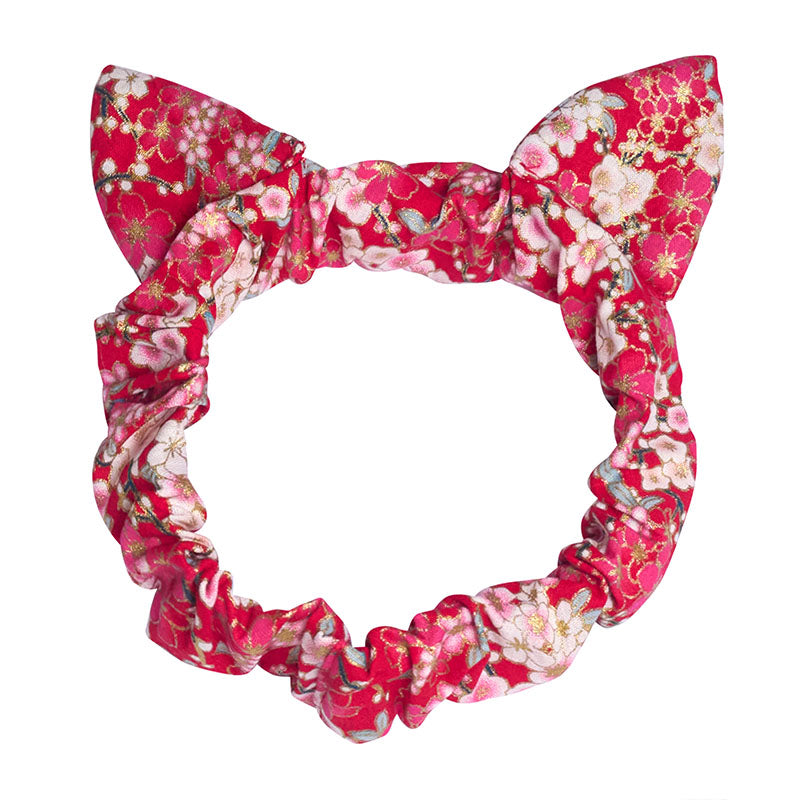 [New] コスプレ小物 ヘアアクセサリー 和柄 ねこ 猫耳ヘアバンド 華 紺/唐草/桜 薄紫/桜 紅 レディース フリーサイズ ネイビー/グリーン/パープル/レッド【クリアストーン】