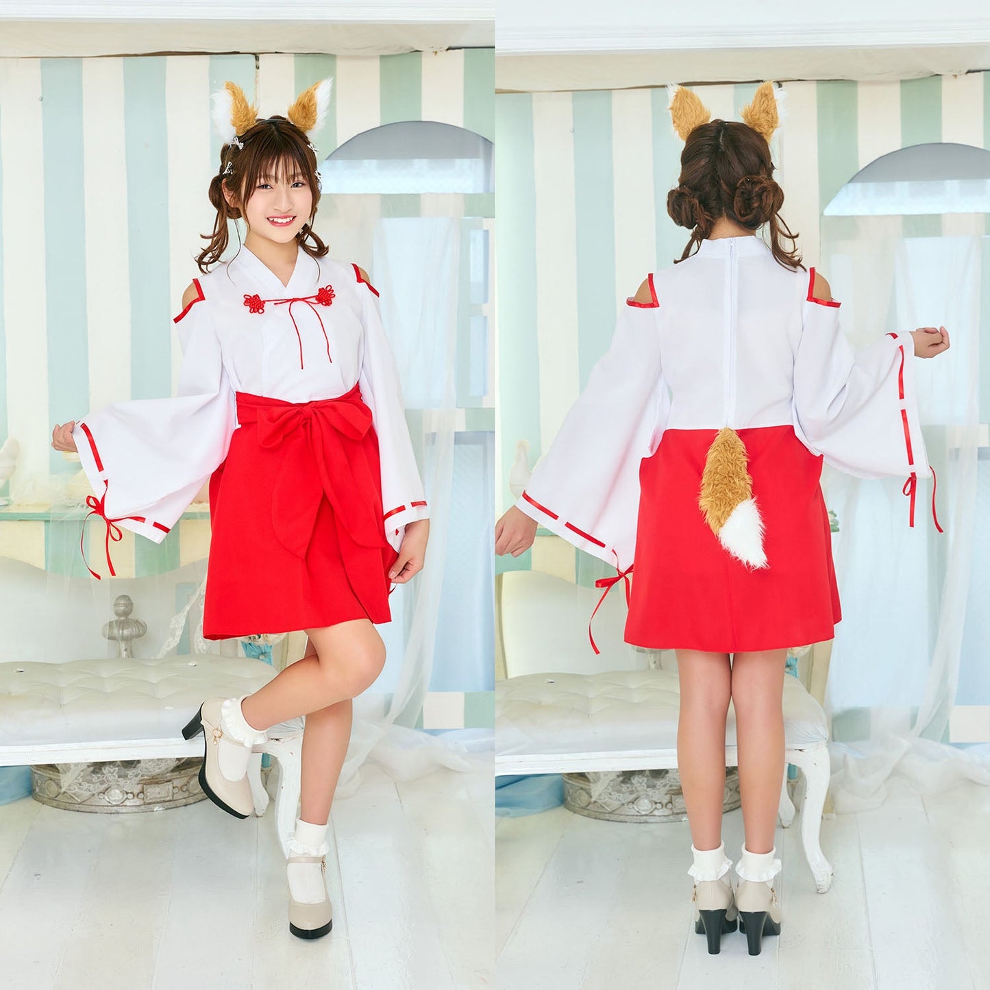 [NEW] コスプレ ジュニア こども キツネ COSCHU! きつね巫女 140～150cm レッド 【クリアストーン】