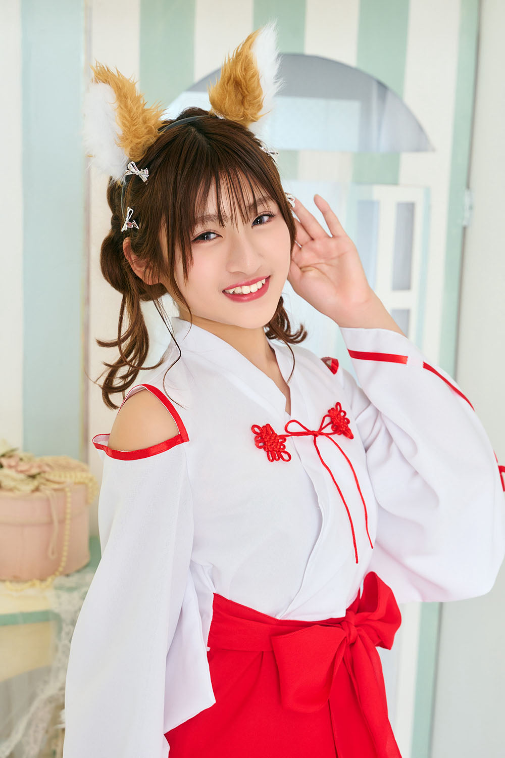 [NEW] コスプレ ジュニア こども キツネ COSCHU! きつね巫女 140～150cm レッド 【クリアストーン】