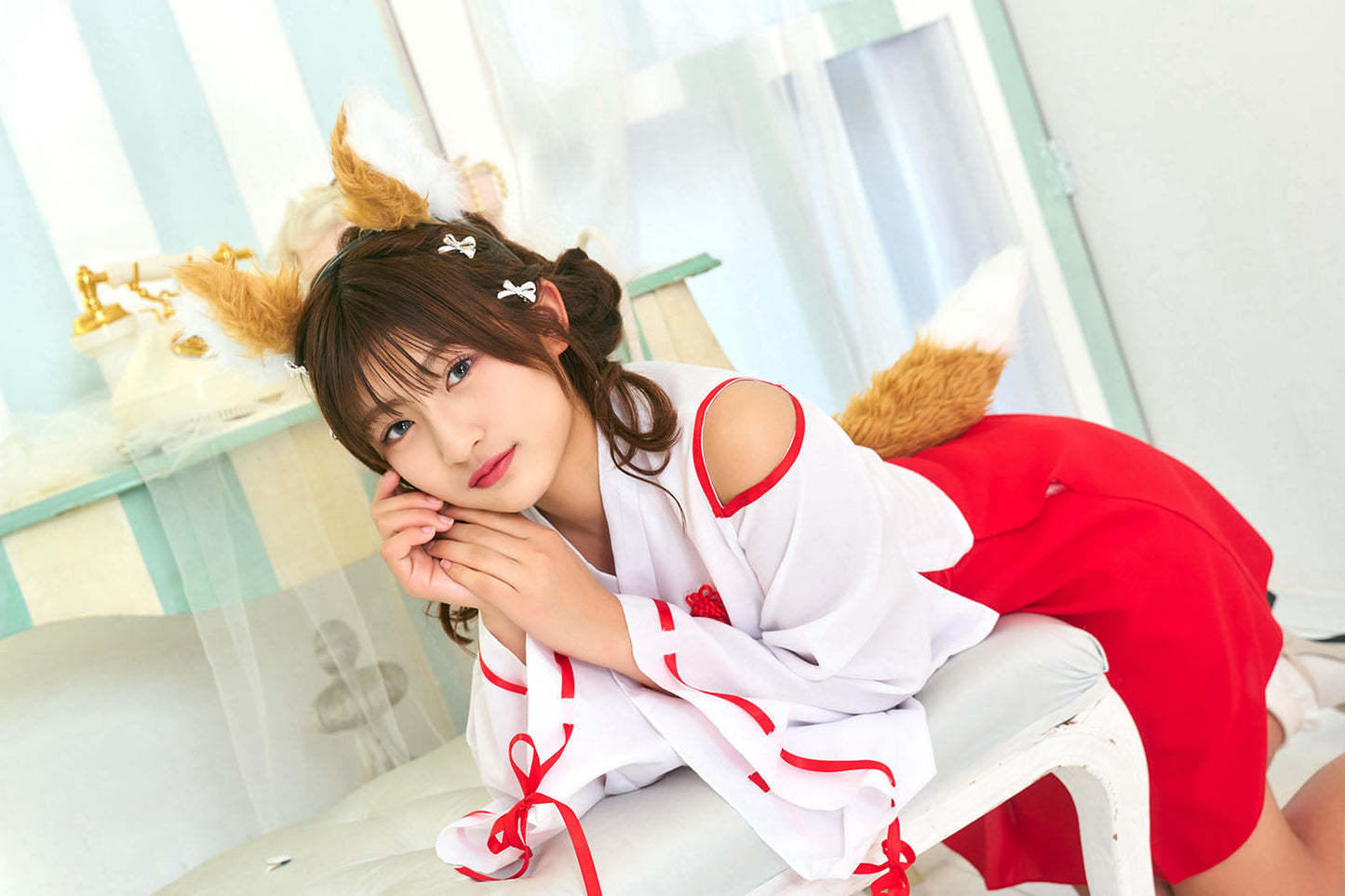 [NEW] コスプレ ジュニア こども キツネ COSCHU! きつね巫女 140～150cm レッド 【クリアストーン】
