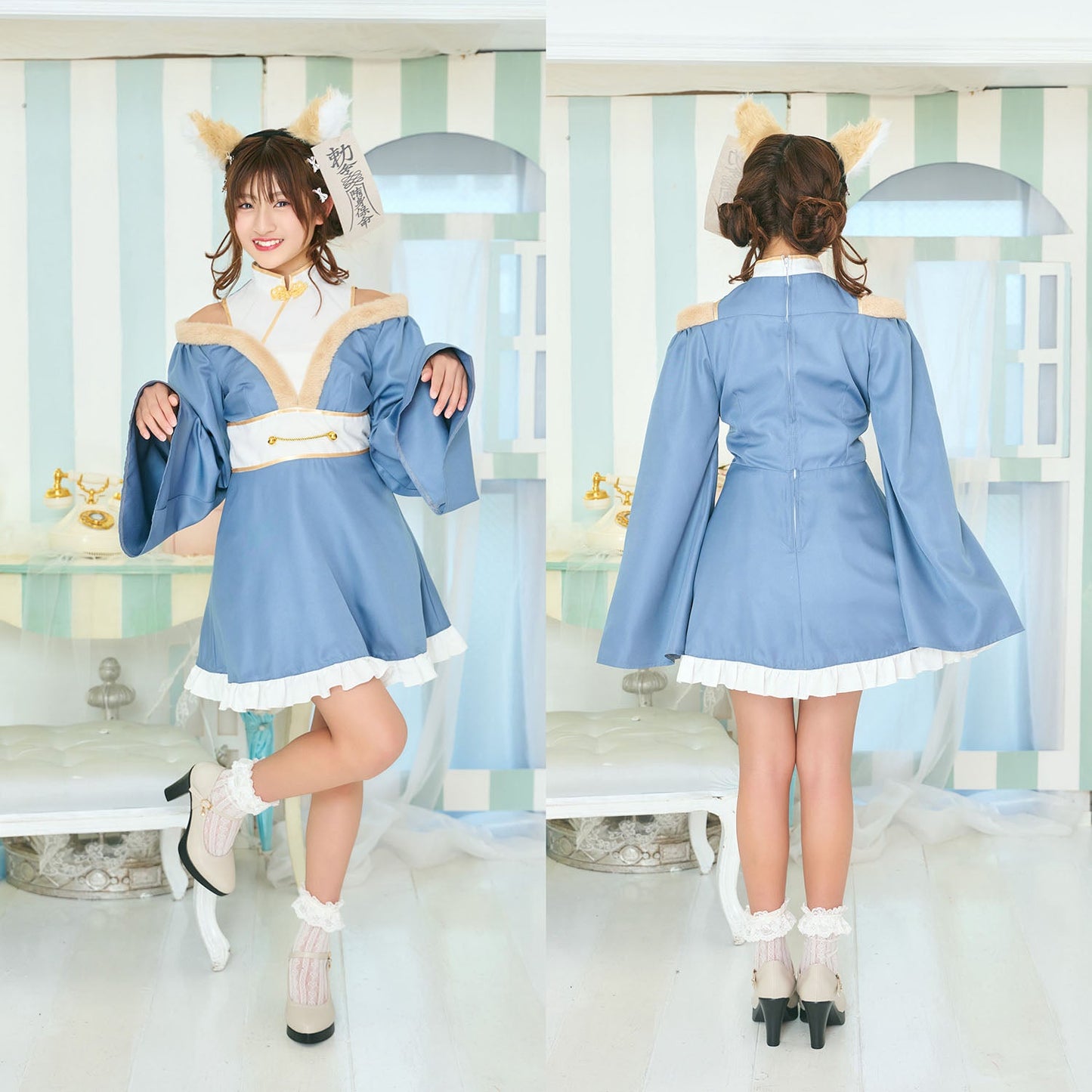 [NEW] コスプレ ジュニア こども キツネ COSCHU! きつねガールキョンシー 140～150cm ブルー 【クリアストーン】