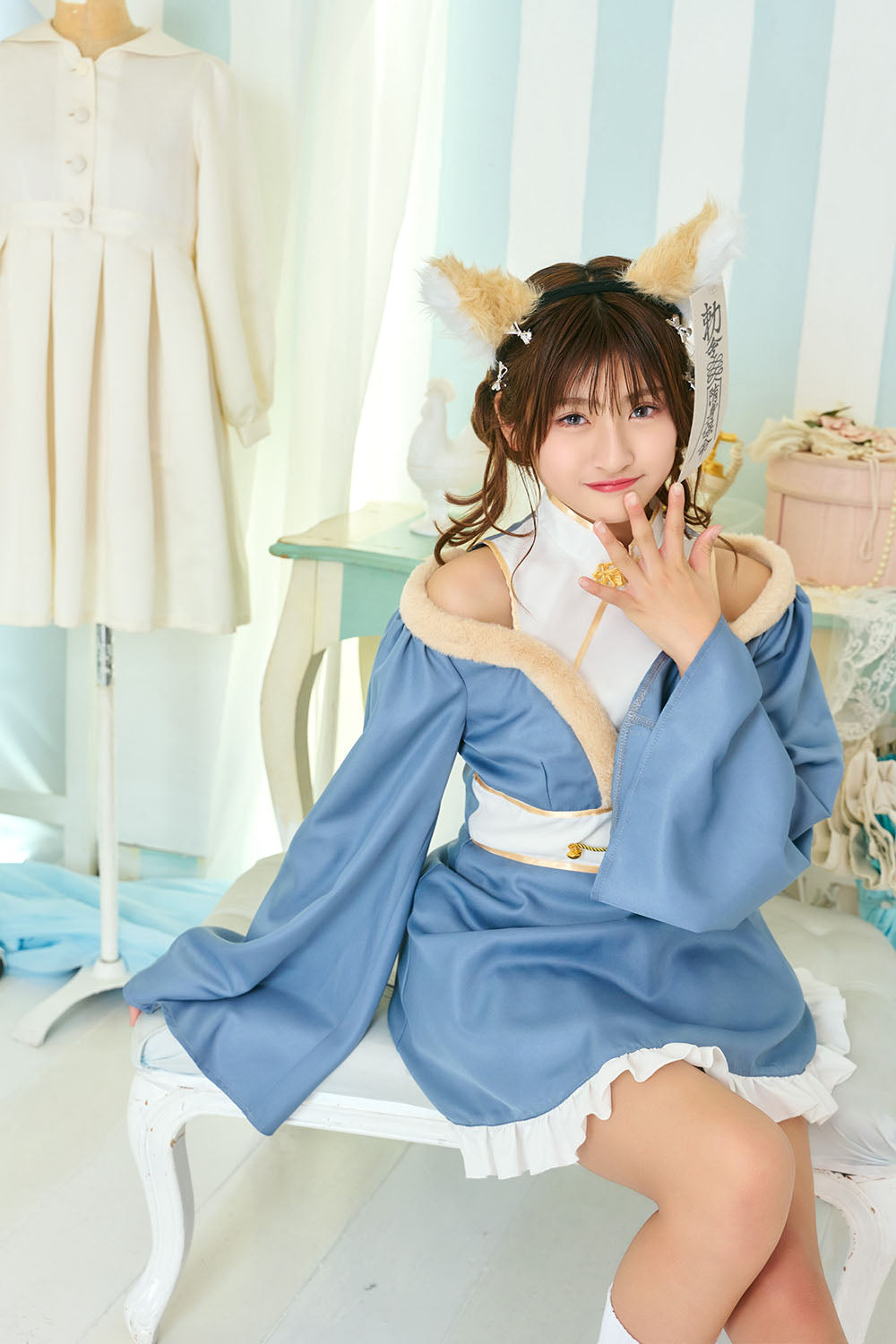 [NEW] コスプレ ジュニア こども キツネ COSCHU! きつねガールキョンシー 140～150cm ブルー 【クリアストーン】