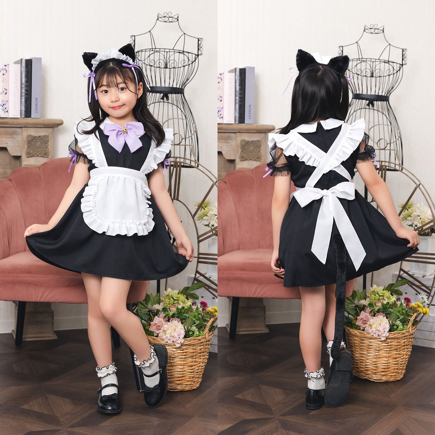 [New] コスプレ ハロウィン アニマル ねこ マオメイド キッズ 120cm/140㎝ ブラック【クリアストーン】