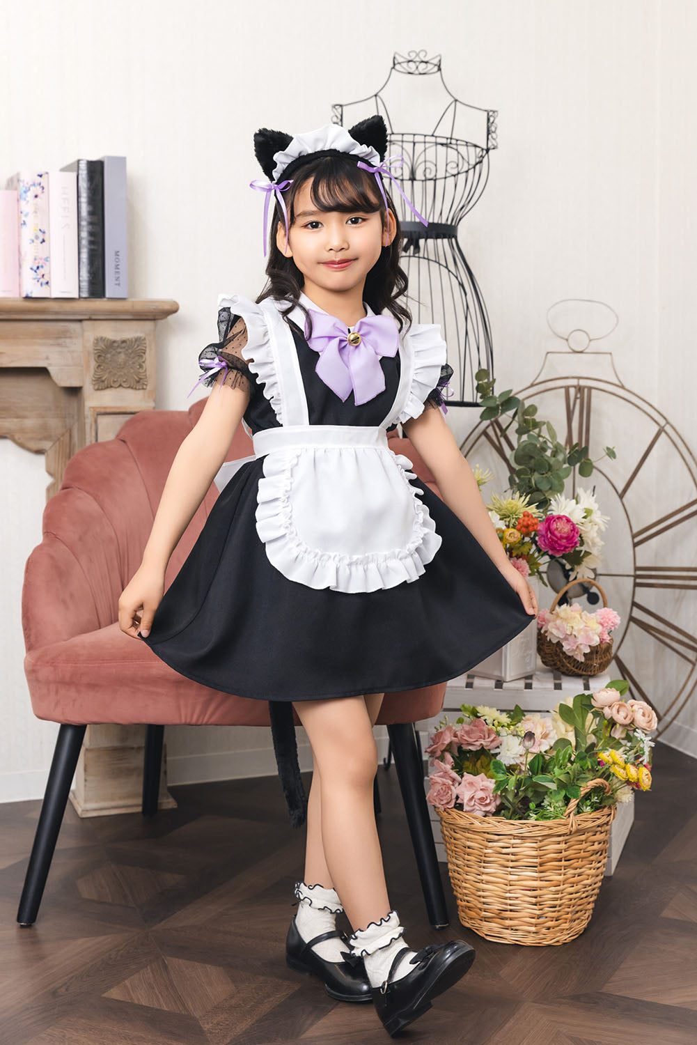 [New] コスプレ ハロウィン アニマル ねこ マオメイド キッズ 120cm/140㎝ ブラック【クリアストーン】