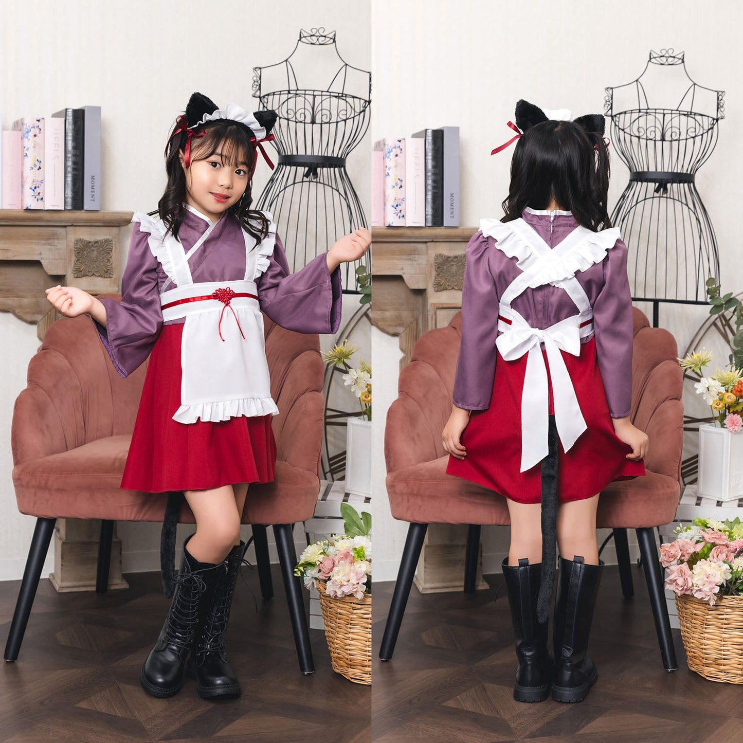 [New] コスプレ ハロウィン アニマル ねこ ハイカラメイド キッズ 120cm/140㎝ ブラック【クリアストーン】