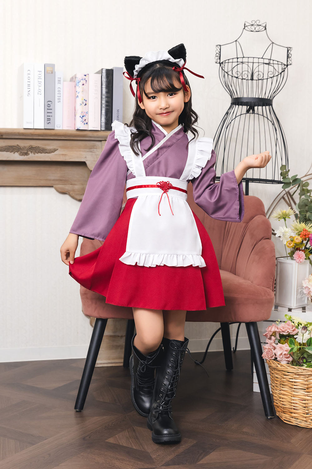 [New] コスプレ ハロウィン アニマル ねこ ハイカラメイド キッズ 120cm/140㎝ ブラック【クリアストーン】