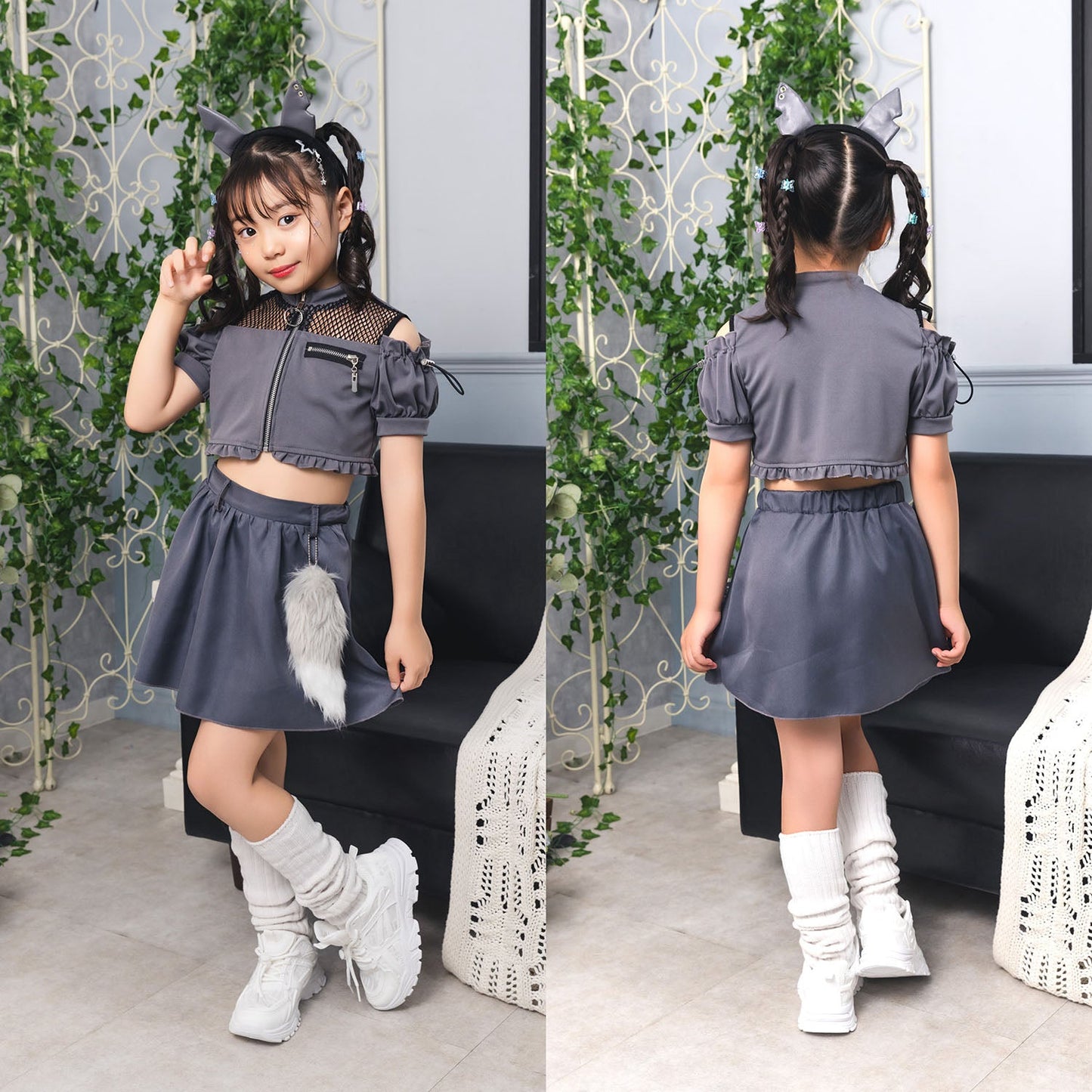 [New] コスプレ ハロウィン アニマル ねこ トキシックウルフ キッズ 120cm/140㎝ グレー【クリアストーン】