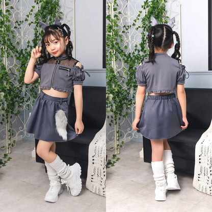 [New] コスプレ ハロウィン アニマル ねこ トキシックウルフ キッズ 120cm/140㎝ グレー【クリアストーン】