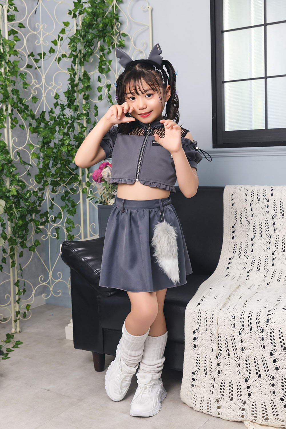 [New] コスプレ ハロウィン アニマル ねこ トキシックウルフ キッズ 120cm/140㎝ グレー【クリアストーン】