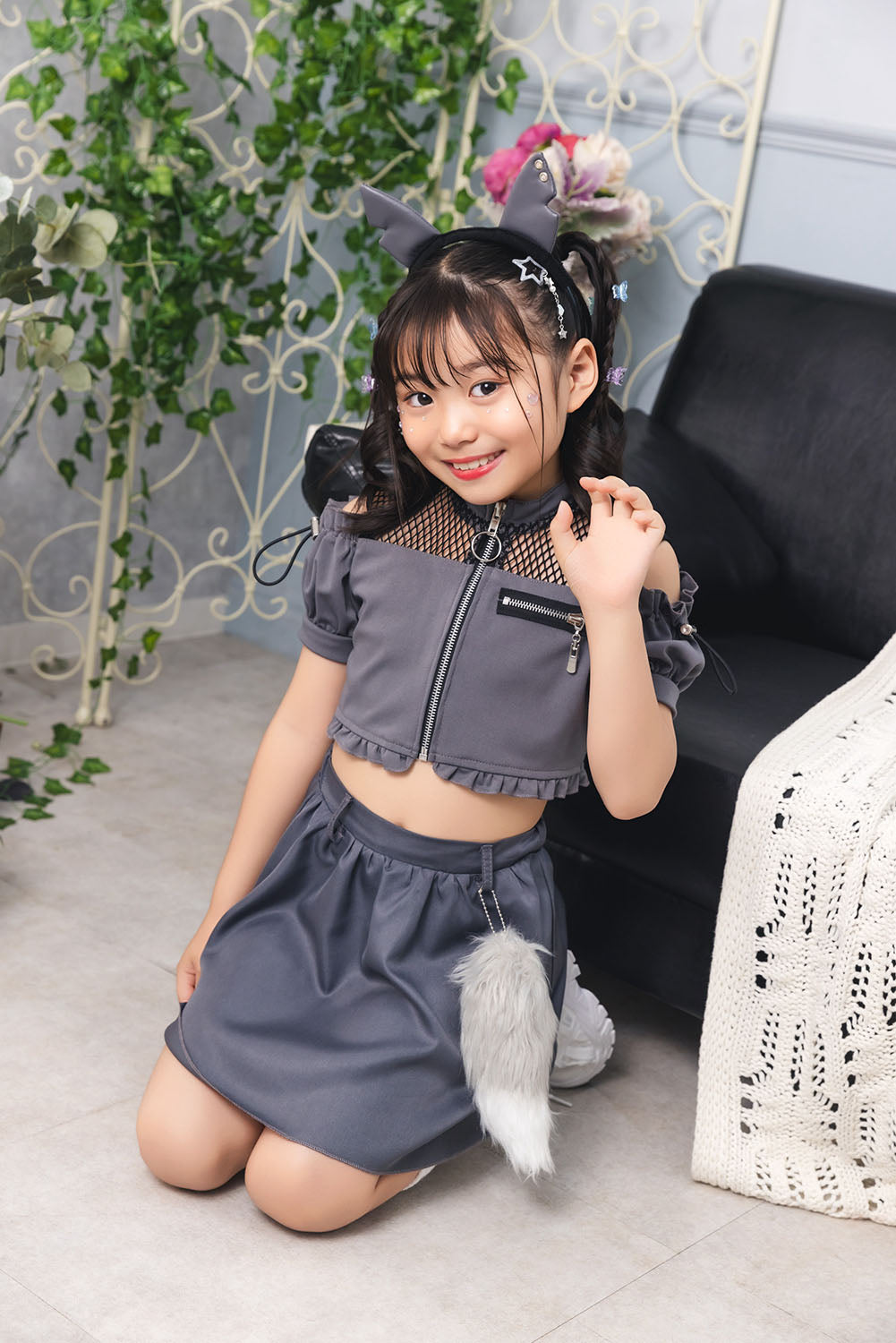 [New] コスプレ ハロウィン アニマル ねこ トキシックウルフ キッズ 120cm/140㎝ グレー【クリアストーン】