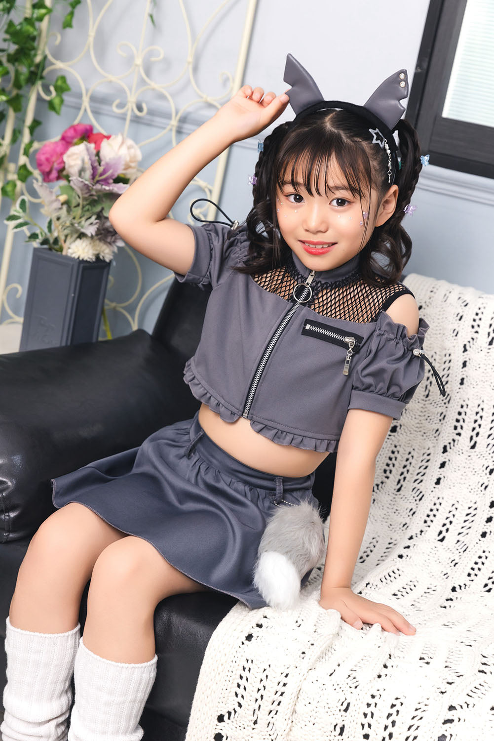 [New] コスプレ ハロウィン アニマル ねこ トキシックウルフ キッズ 120cm/140㎝ グレー【クリアストーン】