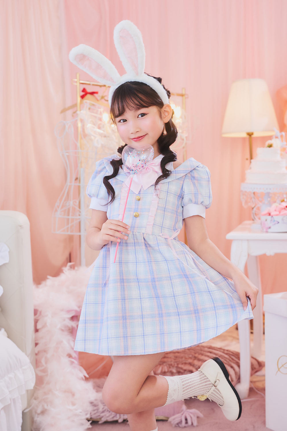 [New] コスプレ こども ハロウィン うさぎ ミルキーチェックバニー キッズ 120/140cm ブルー 【クリアストーン】