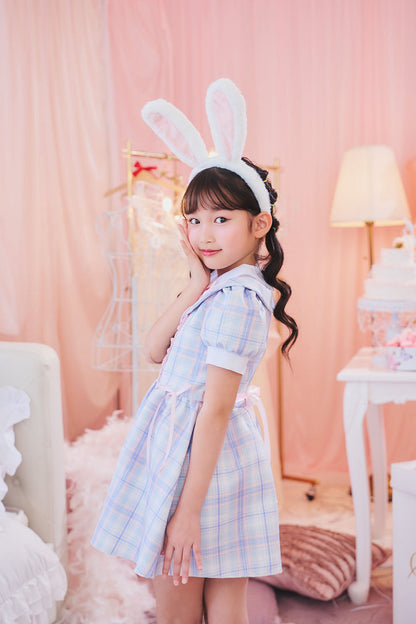 [New] コスプレ こども ハロウィン うさぎ ミルキーチェックバニー キッズ 120/140cm ブルー 【クリアストーン】