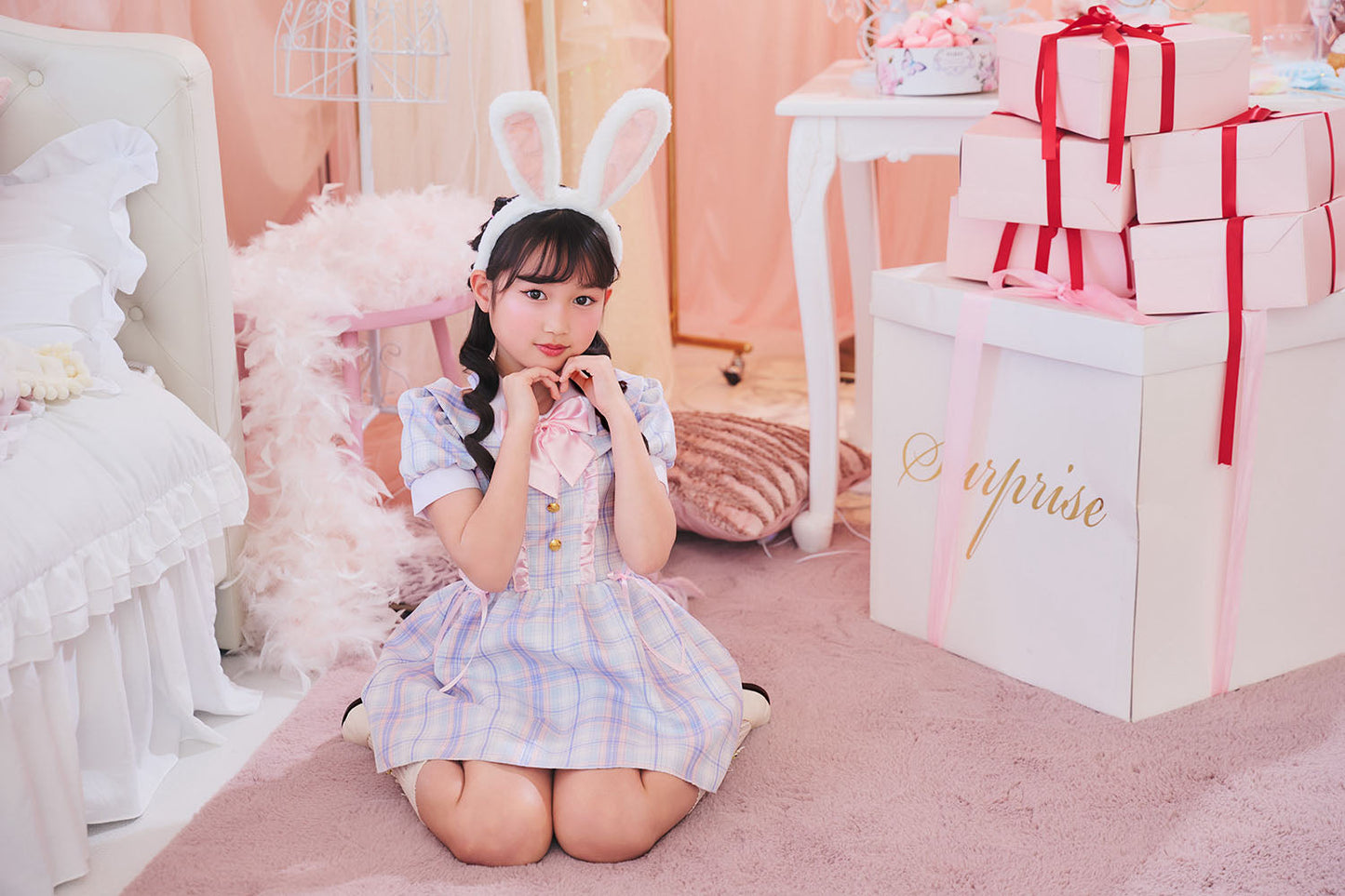 [New] コスプレ こども ハロウィン うさぎ ミルキーチェックバニー キッズ 120/140cm ブルー 【クリアストーン】