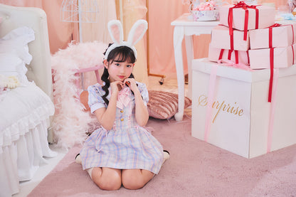 [New] コスプレ こども ハロウィン うさぎ ミルキーチェックバニー キッズ 120/140cm ブルー 【クリアストーン】