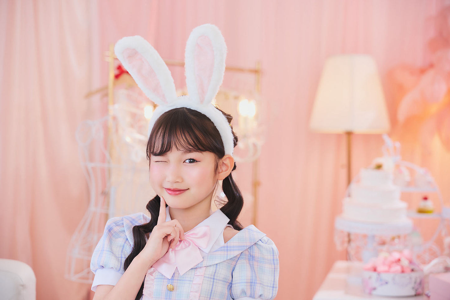 [New] コスプレ こども ハロウィン うさぎ ミルキーチェックバニー キッズ 120/140cm ブルー 【クリアストーン】