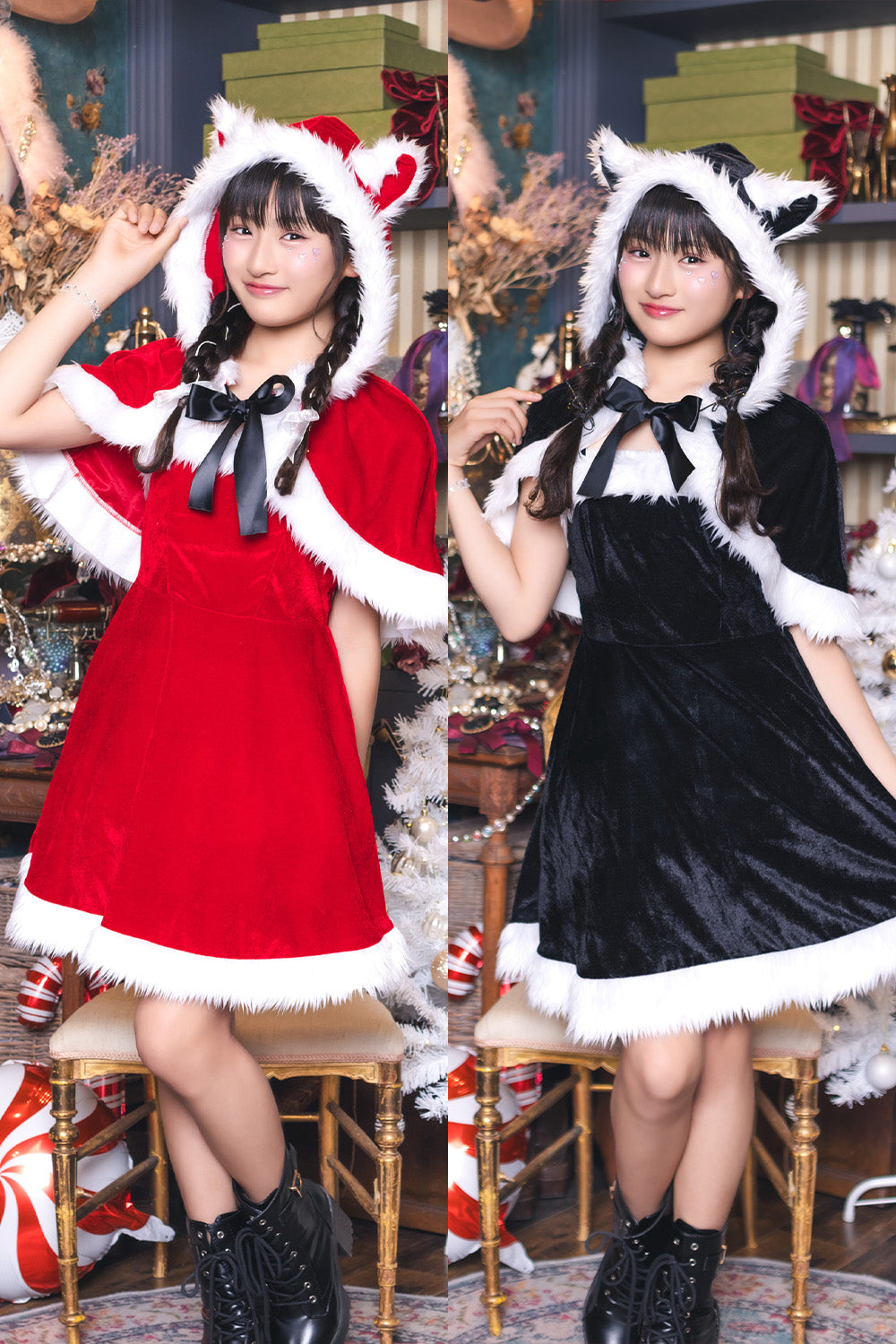 コスプレ ジュニア こども クリスマス メリープラムフェアリー ねこケープサンタ 150cm 女の子 レッド/ブラック 【クリアストーン】